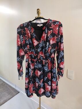 LOFT Black Long-Sleeve V-Neck Dress with Red Floral Print